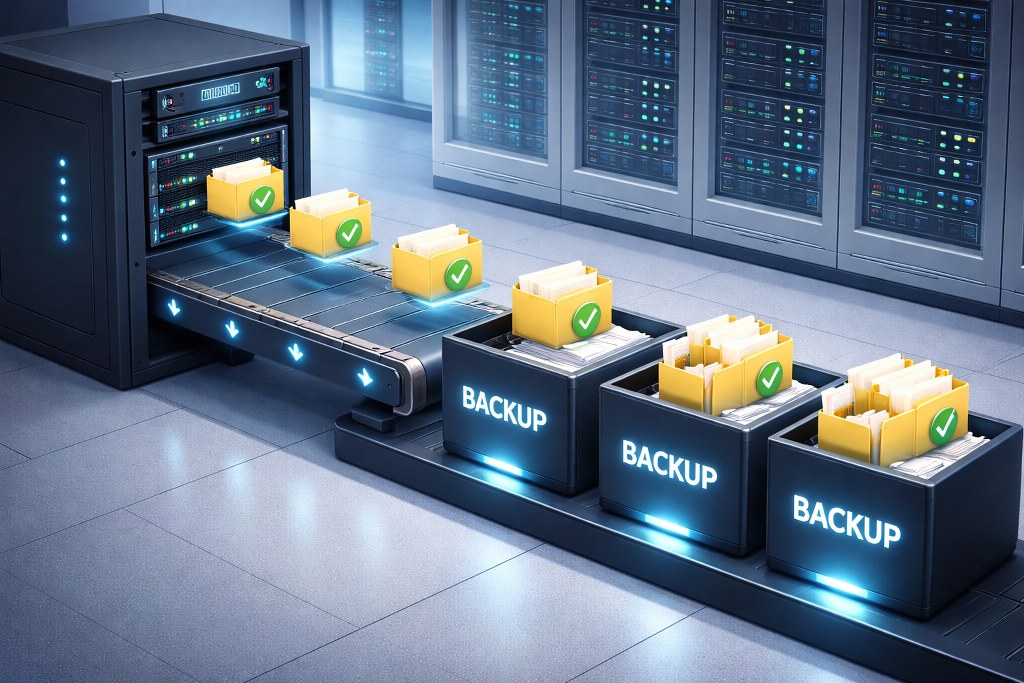 Automated server backup process transferring files into secure backup storage units