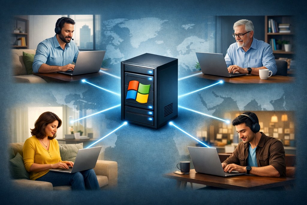 Central Windows server connecting multiple remote users working on laptops worldwide