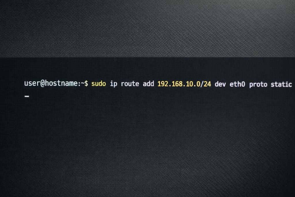 Close-up of a terminal screen displaying a Linux command to add a static network route