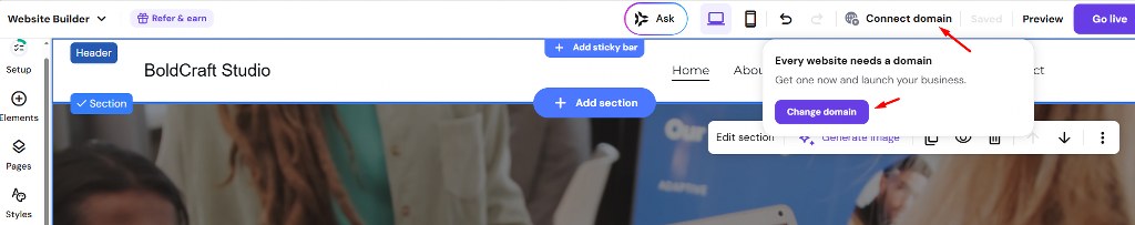 Connect domain prompt in Hostinger builder