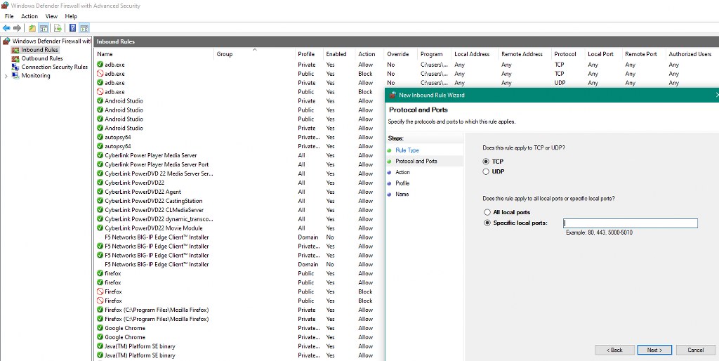 Creating a new inbound port rule to securely allow specific traffic through the Windows Firewall.