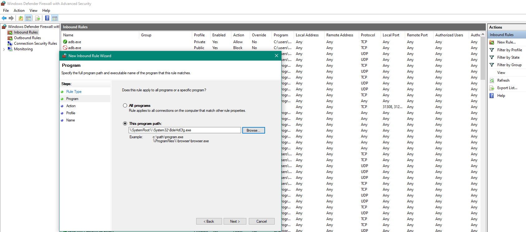 Creating a program‑specific firewall rule to whitelist a single executable for secure network access.