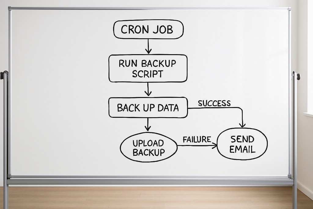 Cron job workflow on a whiteboard.