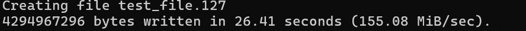 Disk write speed test showing file creation performance in MB per second
