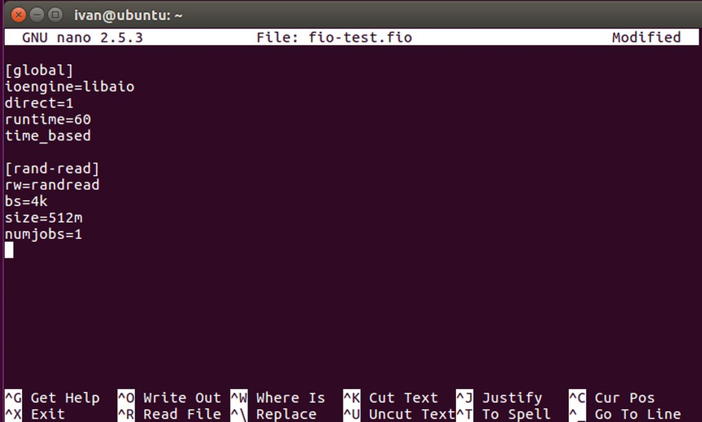 Editing an fio benchmark configuration file in nano to define global settings.