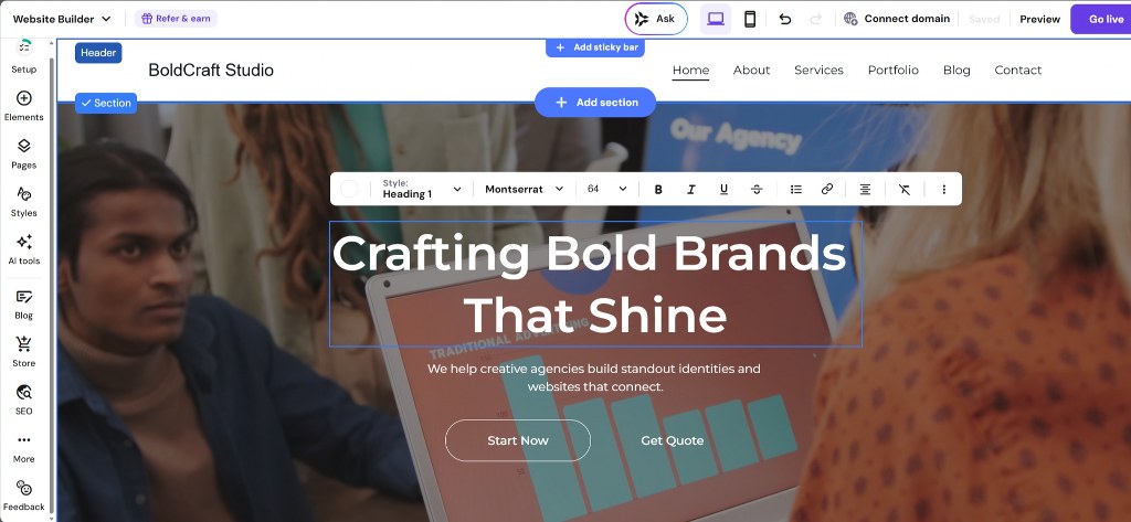 Editing headline text in Hostinger website builder
