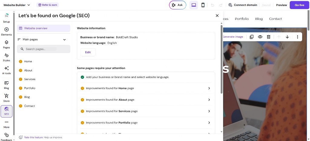 Hostinger SEO settings and website overview panel