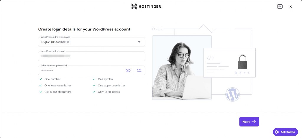 Pantalla de configuración de detalles de inicio de sesión de WordPress en Hostinger