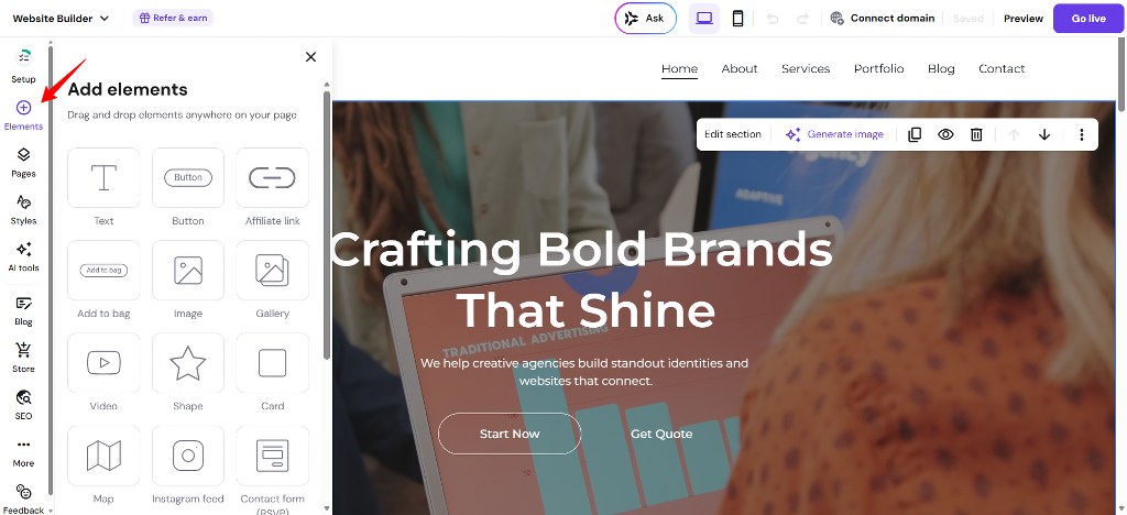 Hostinger add elements panel with drag and drop tools