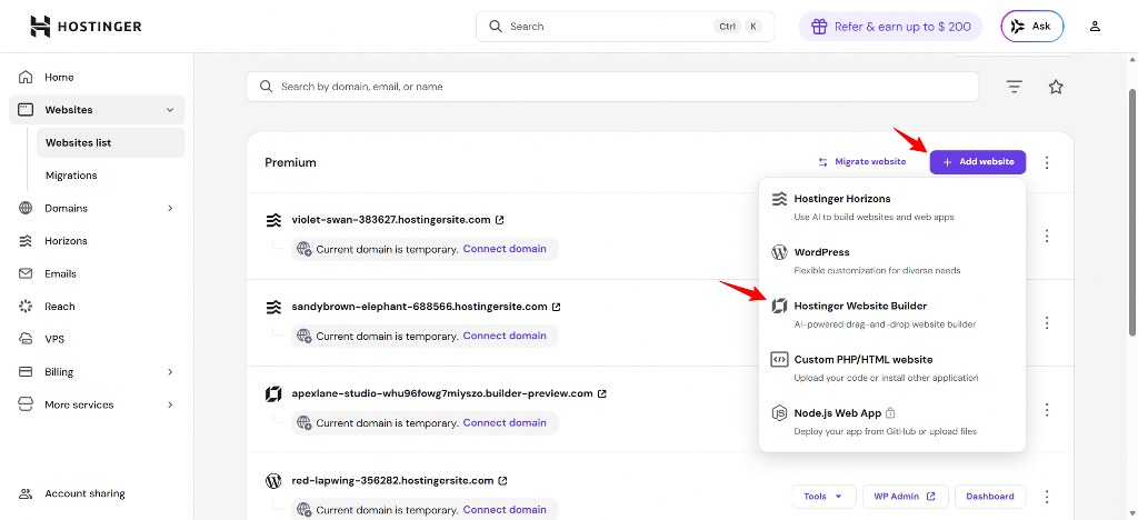 Hostinger add website dropdown with builder and WordPress options