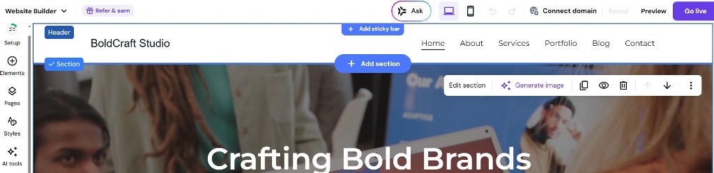 Hostinger builder header and add section button
