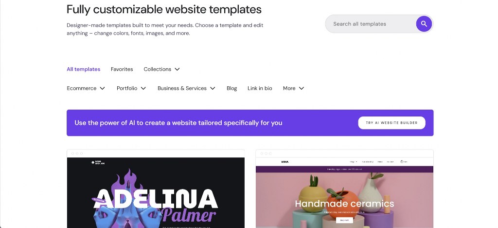 Hostinger customizable website templates selection page