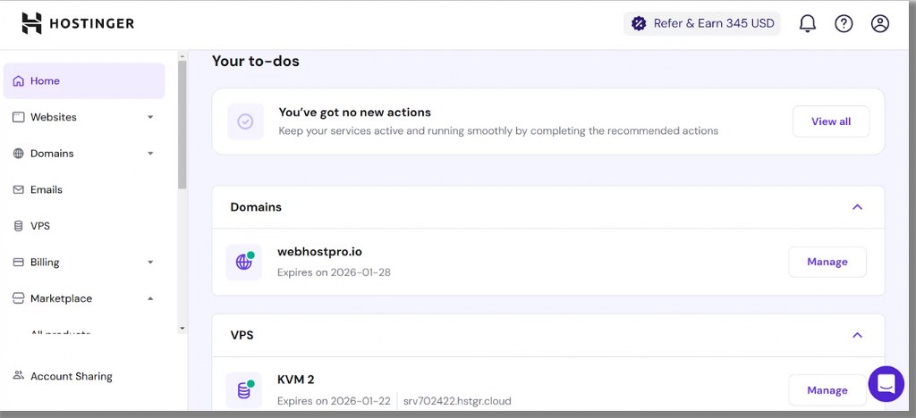 Hostinger dashboard overview with domains and VPS management