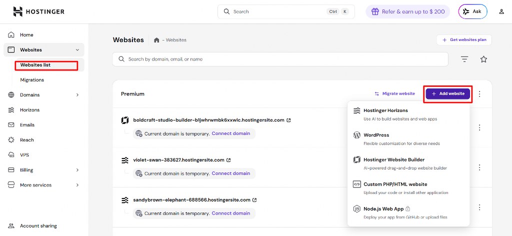 Panel de Hostinger mostrando la opción Agregar sitio web