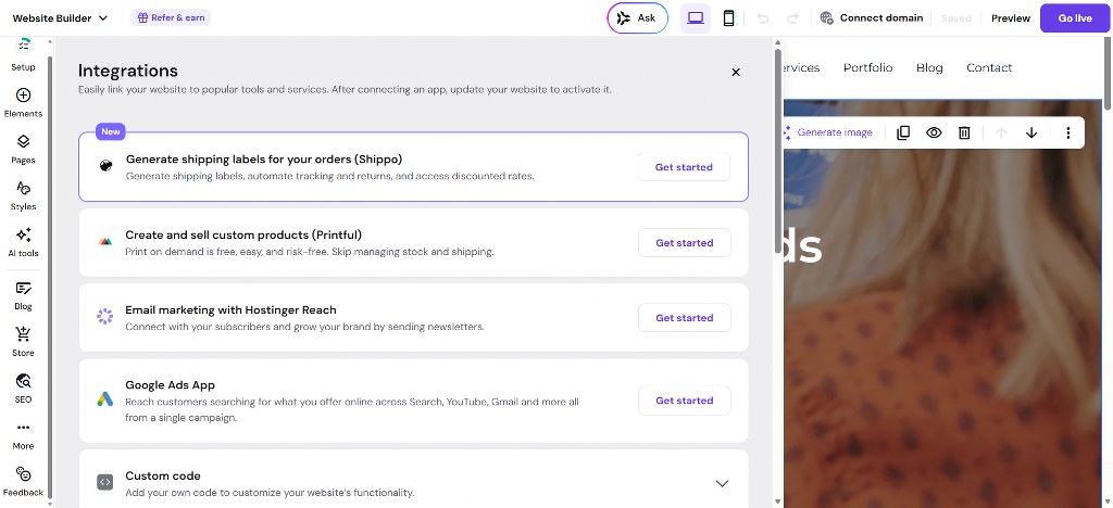 Hostinger integrations panel with available tools list