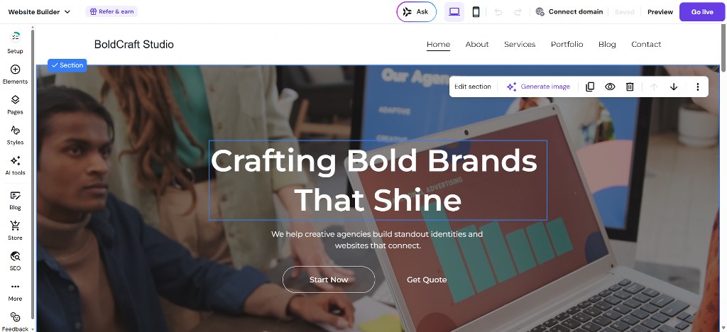 Hostinger website builder editor interface with live preview