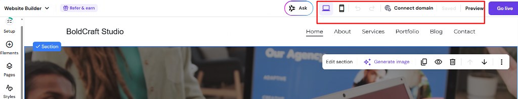 Hostinger website builder top bar with preview and go live options