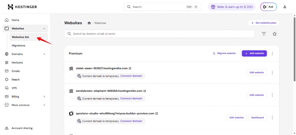 Hostinger websites list dashboard navigation menu view