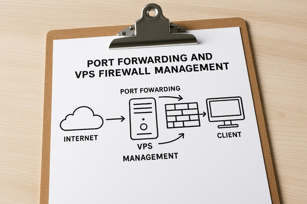 How internet traffic is directed to a VPS through port forwarding and managed by a firewall.