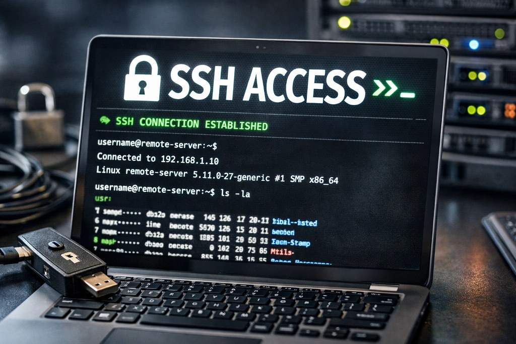 Hyperrealistic visualization of secure SSH access, showing an authenticated terminal session connecting to a remote server, symbolizing encrypted communication and system control.