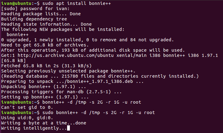 Installing Bonnie++ and running a root‑level filesystem benchmark using a 2 GB test file.