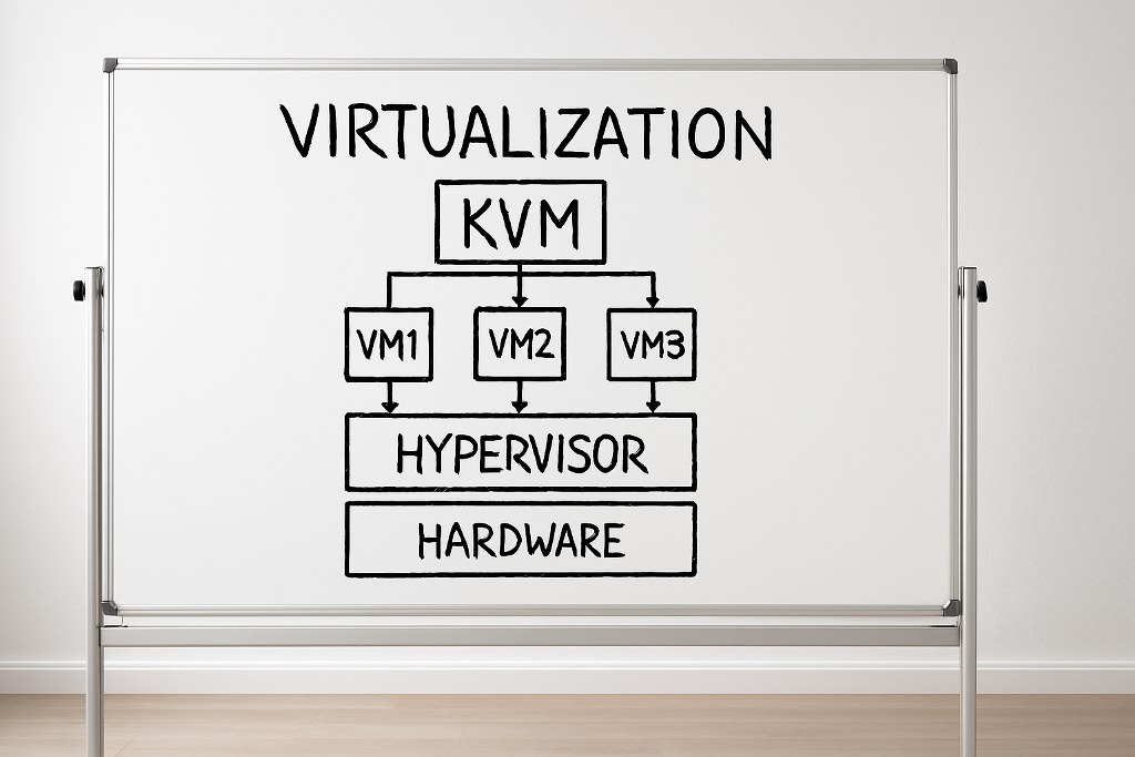 KVM virtualization illustration on a whiteboard.