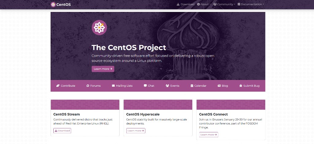 Linux CentOS website homepage.