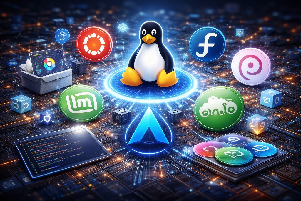 Linux penguin surrounded by glowing distro symbols and server elements