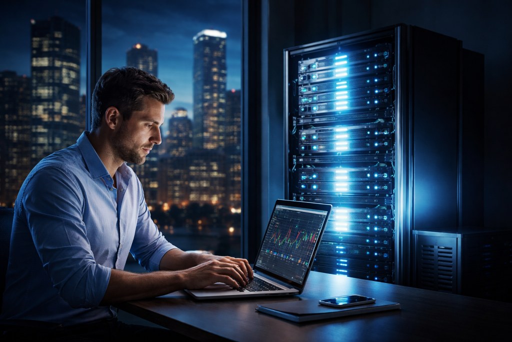 Man analyzing financial charts on laptop beside illuminated server rack in data center at night