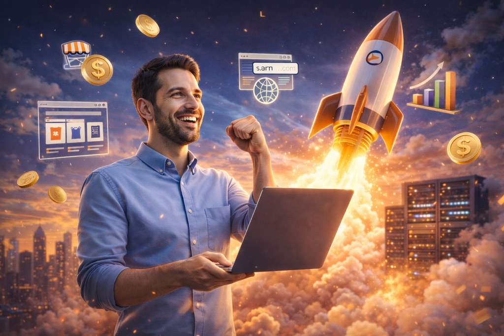 Man happily launches his website with elements showing like rocket ship and data center.