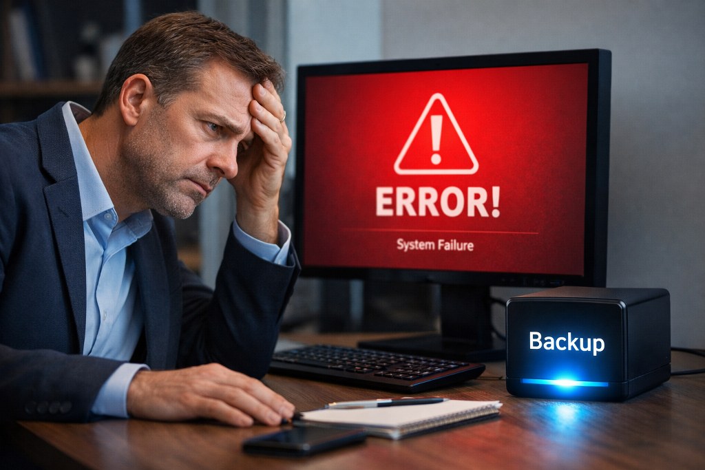 Man stressed at computer showing system failure error with backup device nearby