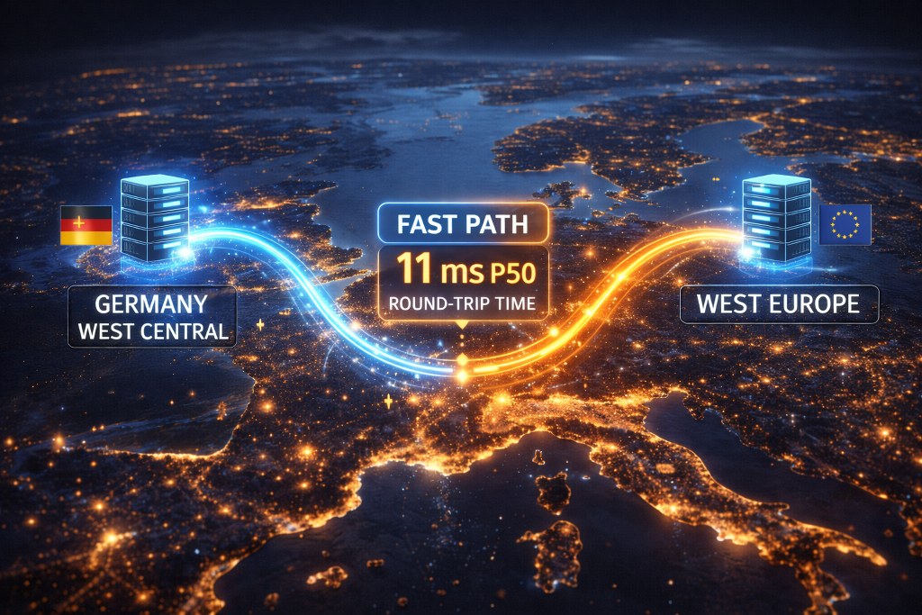 Map of Europe showing a fast network connection between Germany West Central and West Europe
