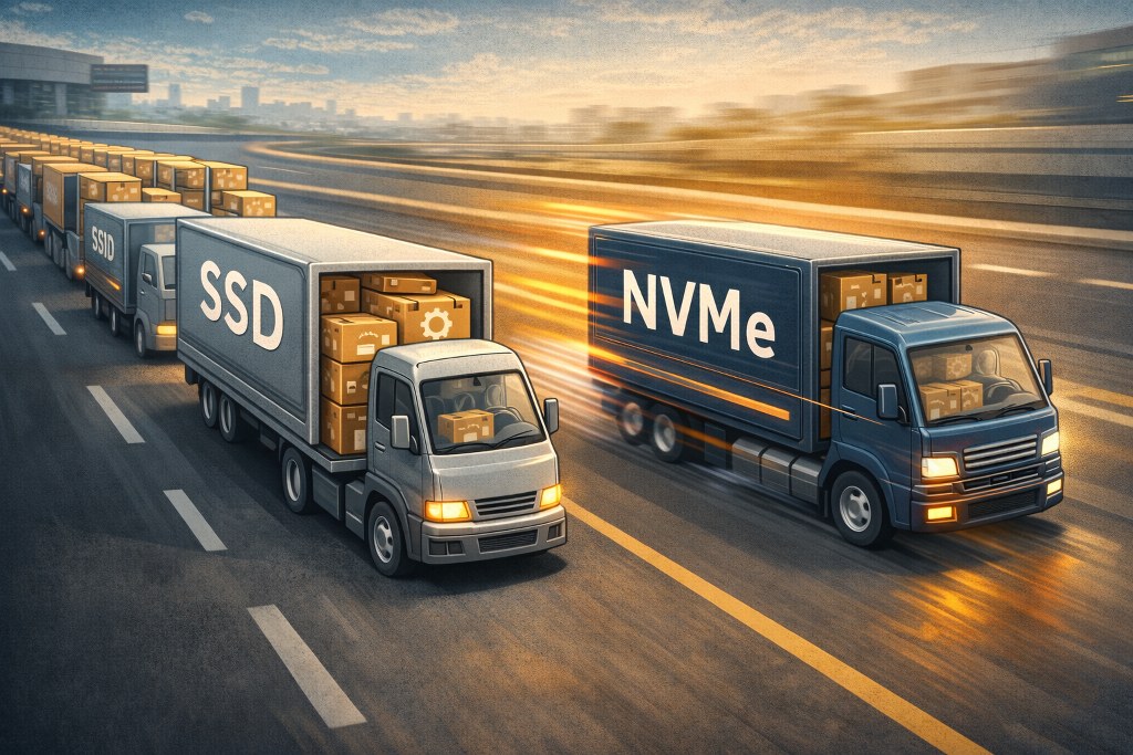 NVMe vs SSD speed comparison with delivery trucks
