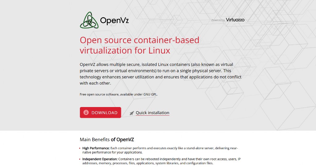 OpenVZ website homepage.