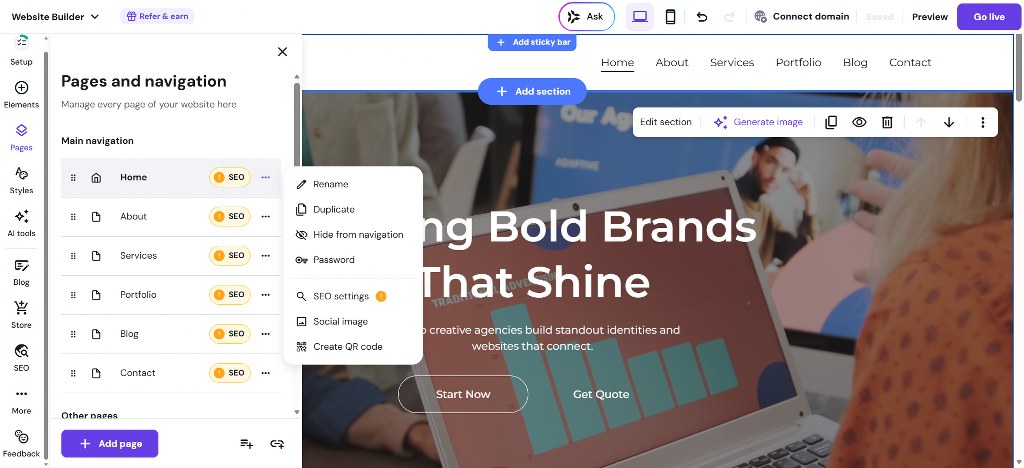 Pages and navigation menu in Hostinger builder