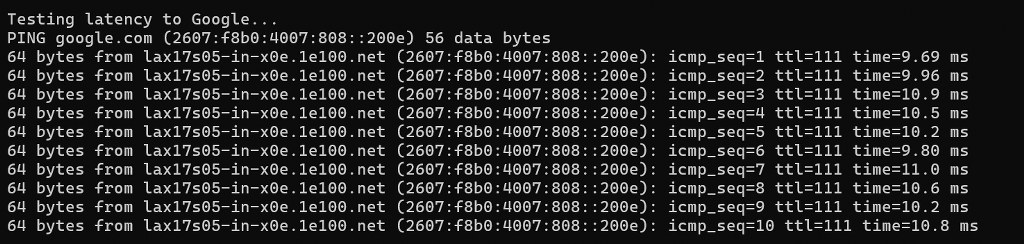Ping test results showing low latency to Google servers