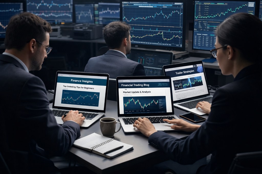 Professional traders collaborate in a modern workspace, analyzing market charts