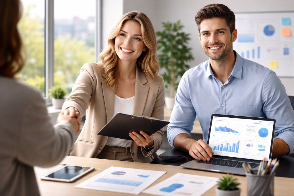Professionals shaking hands with a new client in an office