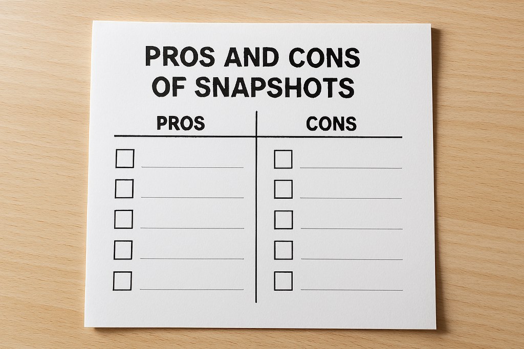 Pros and Cons of snapshots checklist on a piece of paper.