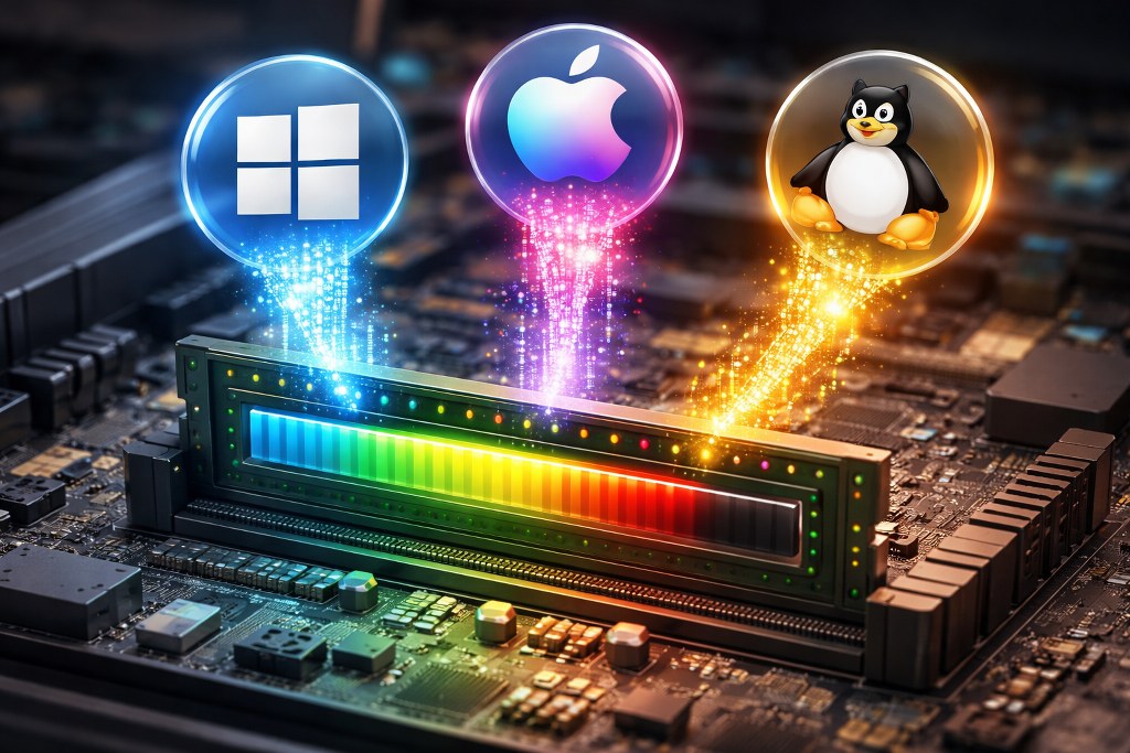 RAM module on a motherboard receiving different data streams from various operating systems