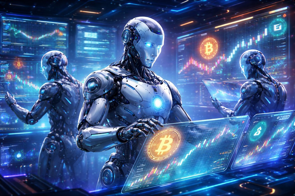 Realistic futuristic robots analyzing cryptocurrency price differences across multiple markets using holographic trading charts