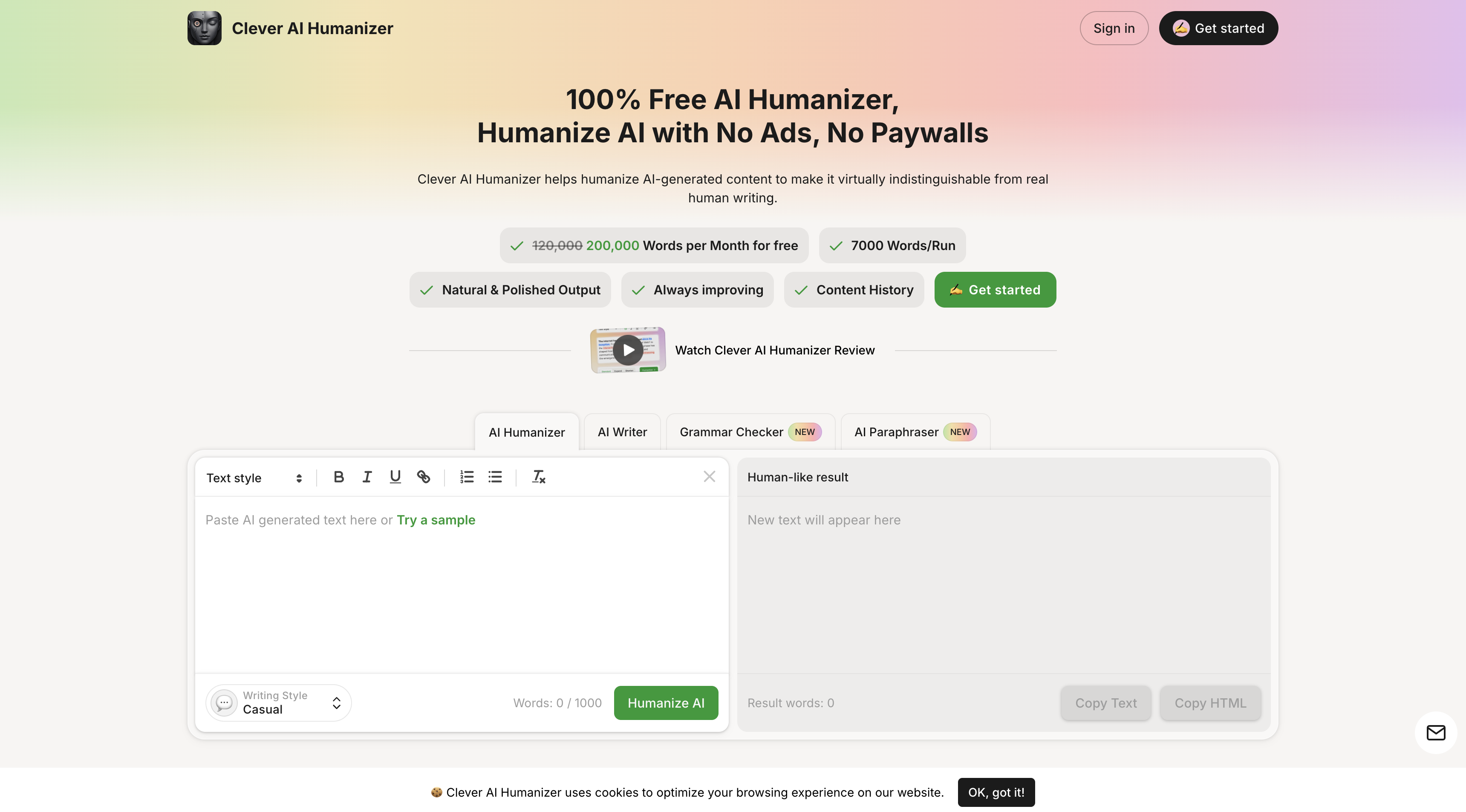 Screenshot of cleverhumanizer.ai website