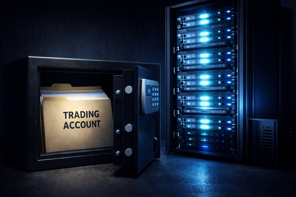 Secure safe containing trading account documents placed next to a glowing server rack in a data center