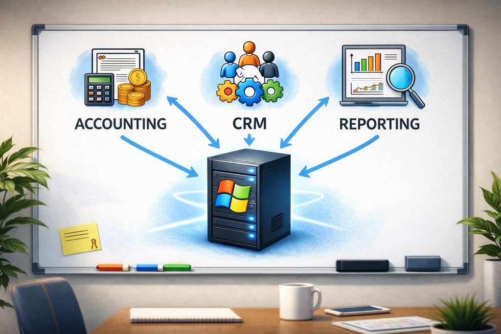 Server integrating accounting, CRM, and reporting systems on a whiteboard diagram