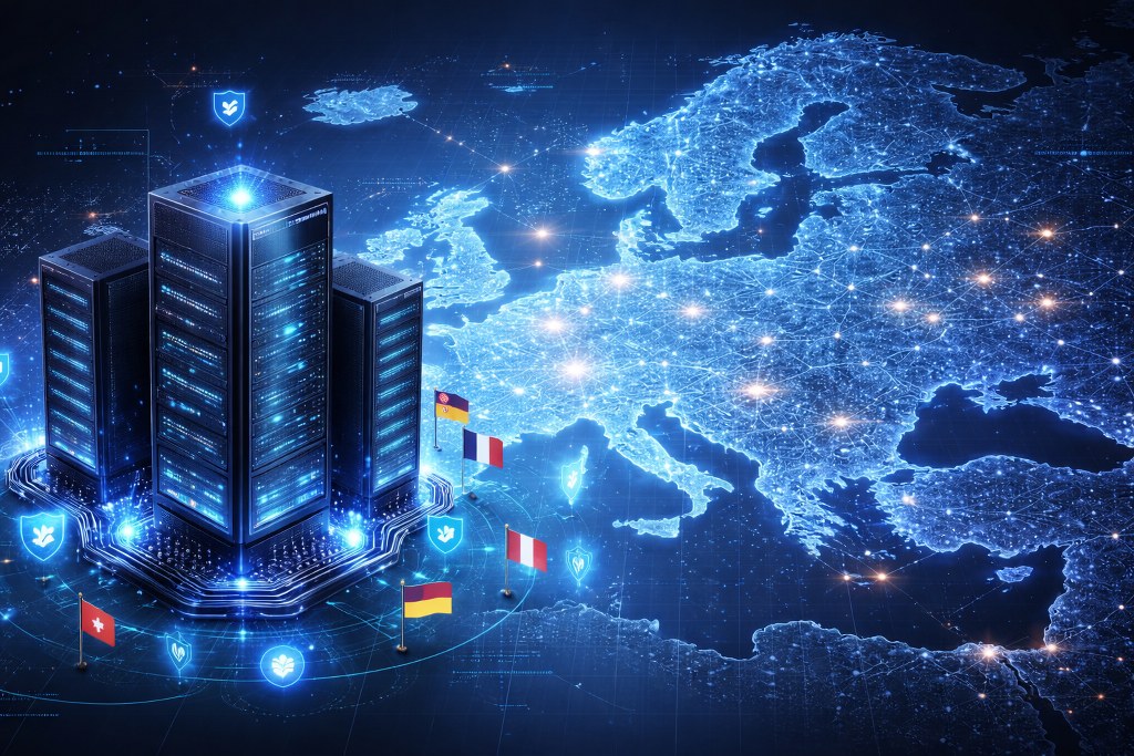 Server towers connected to a glowing digital map of Europe