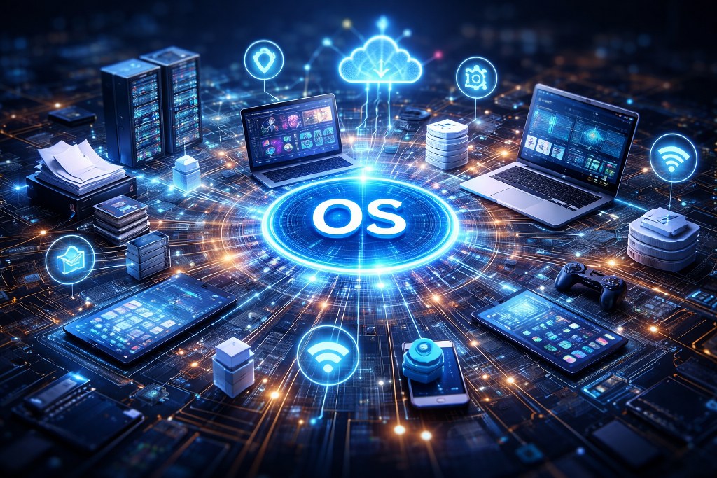 Servers, devices, and cloud systems all connected through a glowing central core