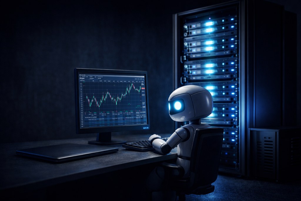 Small robot monitoring financial trading charts on computer in a server room environment