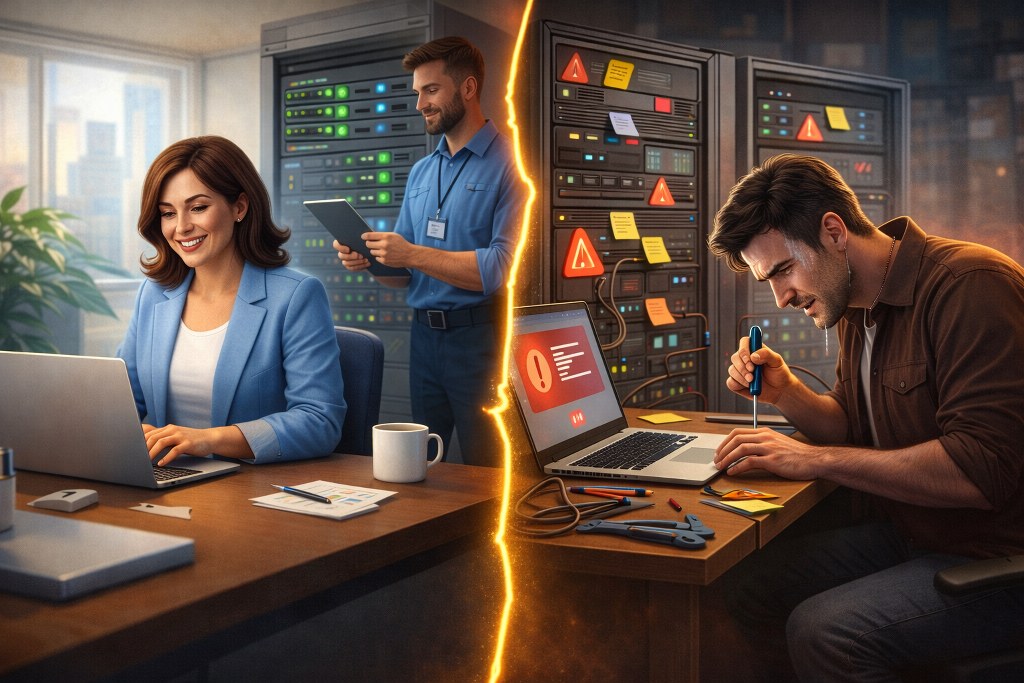 Split scene showing smooth server operation vs troubleshooting server issues and errors