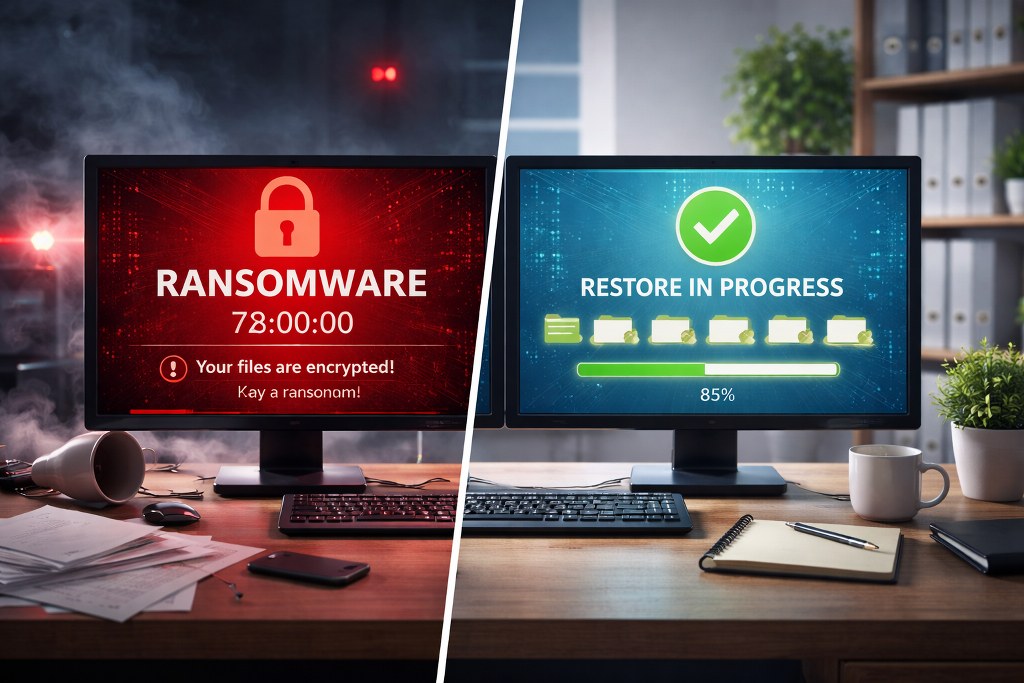 Split screen showing ransomware attack on one side and successful data restore progress on the other