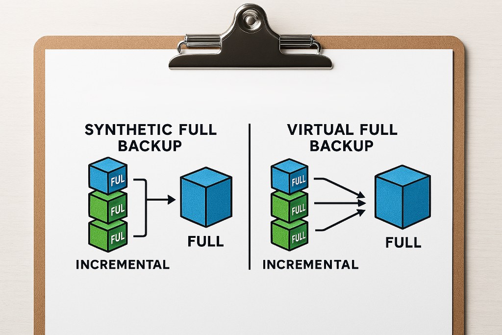 Synthetic and Virtual backups comparison on a clipboard.